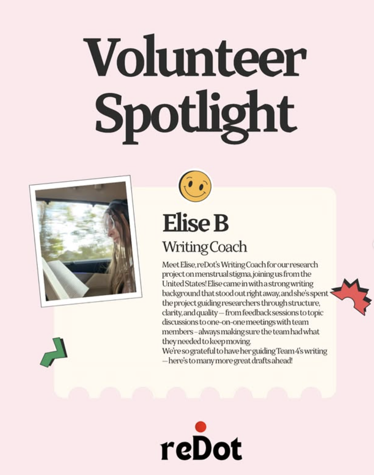 Volunteer spotlight graphic for Elise B, Writing Coach at reDot